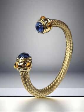 18k Gold Plated Byzantine Chunky Braided Cable Sapphire Citrine Glass Bracelet